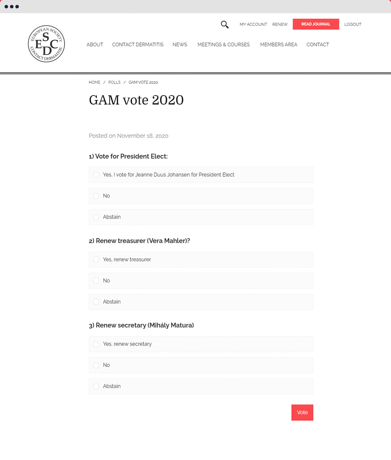 ESCD website design of the member voting page